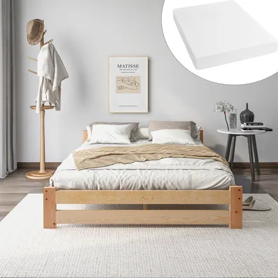 Produktbild von Zerbaco Doppelbett 140x200 cm, Futonbett aus Massivholz mit Kopfteil und Lattenrost, Natur, Mit Matratze