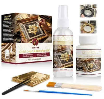 Produktbild von Blattgold Vergoldungs Kleber Set mit Schutzlack, 50ml Kleber, 50ml Lack, 50 Blattgold, 2 Pinsel