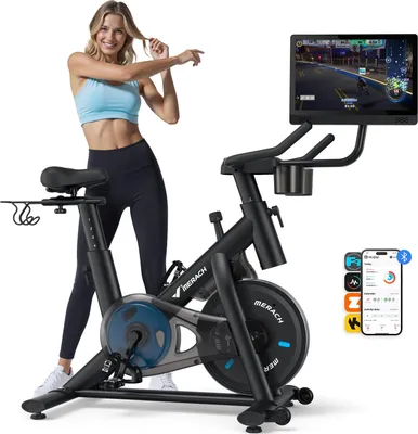 Image de Vélo Magnétique MERACH, Roue d’Inertie 6kg, 8 Niveaux, Bluetooth, Écran HD 15,6″, Silencieux, Support Haltères, Fitness à Domicile