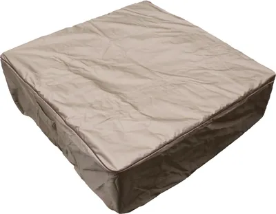 A square, tan-colored cover for an outdoor fire pit is shown from a slightly elevated angle against a white background.