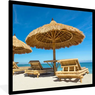 Produktbild von MuchoWow® Gerahmtes Poster Strandkorb - Strand - Sonnenschirm - Meer - Sommer 40x40 cm - Poster mit Schwarzem Bilderrahmen Wandposter Rahmen Foto Bilder - Mit Rahmen - Wanddekoration Schlafzimmer