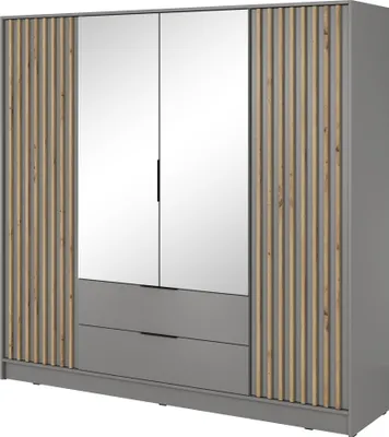 Produktbild von Furniture24 Kleiderschrank Nelly 4D Schrank mit Spiegel 2 Türiger 2 Schubladen Grau Drehtürenschrank