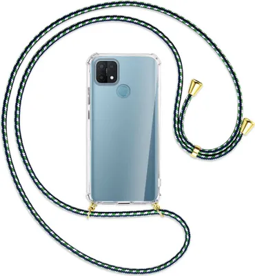 Produktbild von Handykette Backcover-Schutzhülle mit Band (Metall goldfarben) für Oppo A15 - grün/blau/weiß