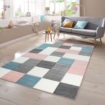 Image de Tapis à motifs carreaux rose, gris et turquoise - 120 cm de diamètre