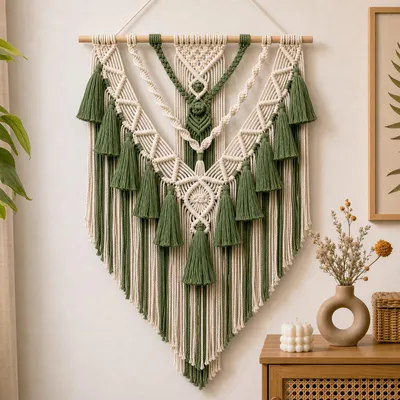 Imagen del producto de Tapiz de macramé de algodón, hecho a mano, con madera flotante, decoración bohemia, 1 unidad, para la pared