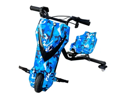 Imagen del producto de Kart eléctrico de tres ruedas, 250W, 36V – Camuflaje azul – 3 velocidades – Suspensión – Bocina