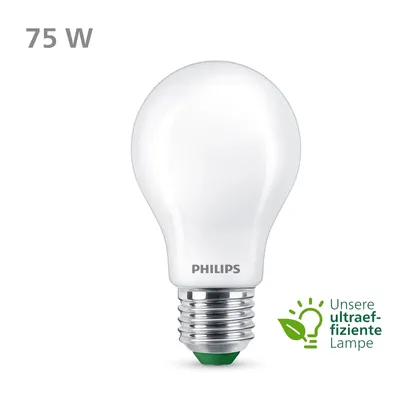 A Philips LED light bulb is shown against a white background, with text indicating its wattage and energy efficiency.