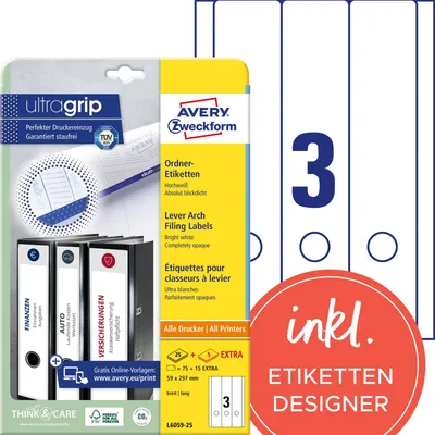 Zdjęcie produktu dla AVERY Zweckform L6059-25 Etykiety na grzbiety plików, 59 x 297 mm, białe