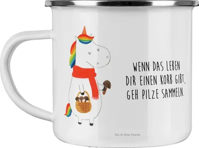 Produktbild von Mr. & Mrs. Panda Camping Emaille Tasse Einhorn Pilz - Weiß - Geschenk, Teetasse, Unicorn, Spruch, Becher, Liebeskummer, Haferl, Pilze, Einhörner, Pott
