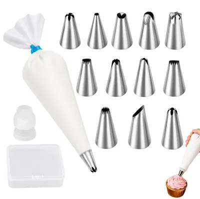 Produktbild von 12-teiliges Spritztüllen Set mit wiederverwendbarem Spritzbeutel aus Edelstahl