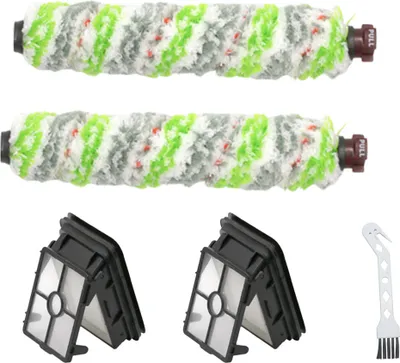 A set of replacement parts for a vacuum cleaner, including two brush rolls and two filters, laid out on a white background.