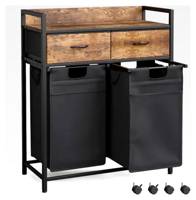 Produktbild von Wäschekorb mit 2 Fächern, Wäschesammler mit Ablage und 2 Schubladen, Wäschebox mit herausnehmbaren Wäschesäcken, für Waschküche und Schlafzimmer, 2x50L, 72 x 33 x 91,5 cm, Vintagebraun und Schwarz