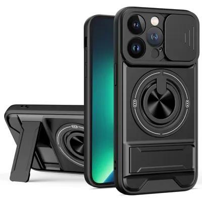 Produktbild von Magnetisch Hülle für iPhone 13 Pro Militär Stoßfest Hülle mit Dia Kameraschutz und Ringhalter Ständer Schwarz