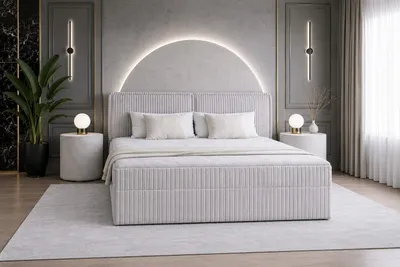 Produktbild von Boxbett 04 - 180 x 200 cm mit Bettkasten und Topper, Polsterbett mit PolyurethanSchaum, gepolstertes Kopfteil mit Ziernähten, Ambience Stoff, Hellgrau
