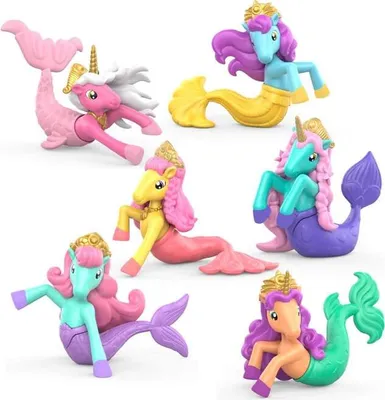 A collection of mermaid unicorn toys in various colors.
