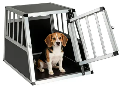 Produktbild von KOMFOTTEU Hundebox Auto, Transportbox Hund mit Sicherheitsverschluss, leicht & stabil, Alu Hundetransportbox für Kofferraum, Rückbank & Zuhause (69,5 x 54 x 50,5 cm)
