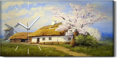 Produktbild von Leinwand Uhr Küche Wohnzimmer Bild Geräuschlos 60x30 Ölgemälde Dorf Hütte - weiße Hände
