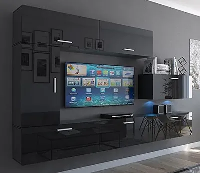 Immagine prodotto di Furnitech Parete attrezzata soggiorno - Mobili da soggiorno con LED Blu - Parete attrezzata moderna - Scaffali e mobile TV (Future C10/HG/B1 1B)