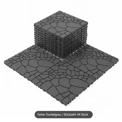 Produktbild von 44er PVC Klickfliesen 30,5 x 30,5 cm, ca. 4 m², Terrassenfliesen in Steinoptik, wetterfest für Balkon, Terrasse und Garten, Dunkelgrau