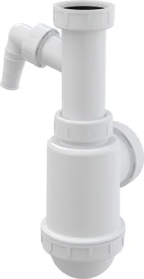 A white plastic sink trap with an elbow joint and a device connection.