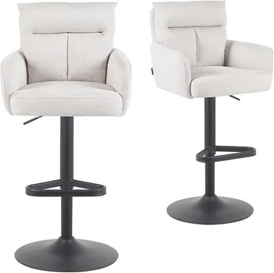 Produktbild von 2er Set Barhocker Höhenverstellbar, 360° drehbar, Barstuhl mit Rückenlehne & Armlehnen, ergonomisch gepolstert, stabiles Metallgestell in Schwarz, Stoff Beige, Modell Aris