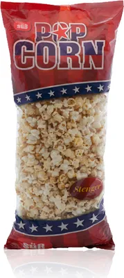 A bag of popcorn against a white background.