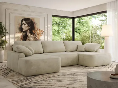 Produktbild von MKS MEBLE U-förmige Eckcouch, Wellenfeder, Ecksofa mit Schlaffunktion, Bettkasten und lose Kissen, 370x187x100cm - CUBO U - Beige Velvet