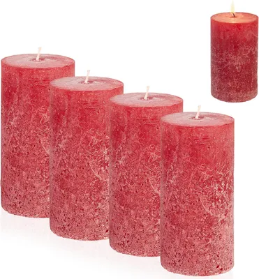 Produktbild von Candelo 4er Set Kerzen Ambiente Rustic Stumpenkerzen - Rot - große Rustik Kerze 12cm - lange Brenndauer ca. 54 Stunden Weihnachtskerzen Adventskranz
