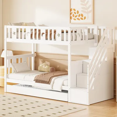 Produktbild von okwish Etagenbett Stockbett 90x200cm mit Ausziehbett 90x190cm, Hochbett mit Rausfallschutz, Massivholzbett Kinderbett Bettgestell mit Lattenrost und Stauraumleiter, Weiß