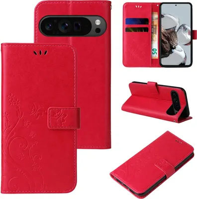 Produktbild von Handyhülle für Google Pixel 9 Pro XL Floral Blumen Schmetterling Flip Cover Hülle Case Klapphülle Handytasche Farbe: Rot