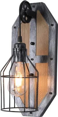 Produktbild von GreatDEshop2021 Wandleuchte Holz & Eisen, Vintage Industrie Käfig Antik-Stil, E27, Downlight, Schwarz Grau, Energieeffizienz A+++, ohne Leuchtmittel, H 38cm, B 17cm, Schirm H 20cm, Kabel L 15cm, für Innenbereich