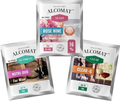 Zdjęcie produktu dla SET Alcomat Drożdże do wina różowego HAT 16% + składniki odżywcze + środki klarujące | Drożdże fermentacyjne Drożdże destylacyjne Drożdże do wina | do wina, drożdże do wina różowego | Nutri Duo | Clear-G | Wysoka tolerancja alkoholu