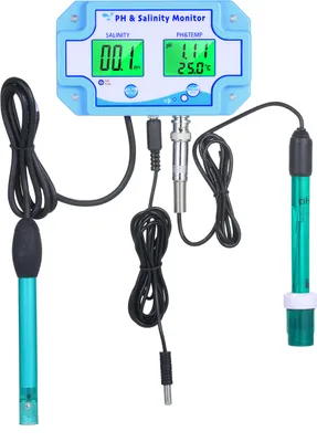 Image de moniteur de qualité de l'eau 3-en-1 PH/Salinité/TEMP Moniteur de pH et de salinité multifonctionnel Compteur de température Double affichage LCD avec rétroéclairage vert