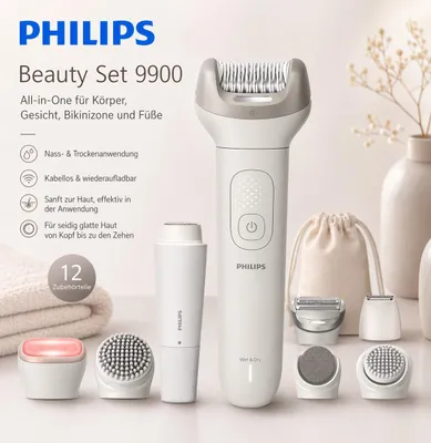 Produktbild von Philips Beauty Set 9900 BRE749/00 Beauty-Set, Grau, 32 Pinzette, Depilation, Exfoliation, Präzision, Rasieren, Glättende Pedikürrolle, 70400 RPM, Akku, Integrierte Batterie
