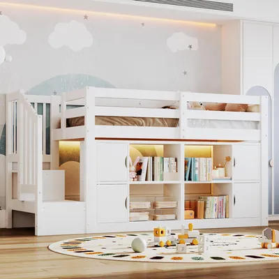 Produktbild von ELANDEPOT Hochbett 90x200 Weiß mit Treppe Stauraum Schränken und Ablagefächern LED-Beleuchtung Lattenrost Kinderzimmer 250 x 95 x 110 cm