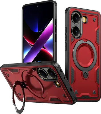 Produktbild von Dual Layer Hülle für Xiaomi Poco X7 Pro/Redmi Turbo 4 mit Ring Ständer Magnetisch Stoßfest Handyhülle Rot