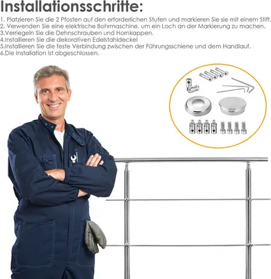 Obrázek produktu pro Yakimz zábradlí zábradlí Ø 42mm nerezové zábradlí vhodné pro vnitřní i venkovní použití 100cm s 0 příčkami