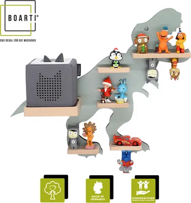 Produktbild von BOARTI Kinderregal Tier Dinosaurier | hängend für Toniebox und Tonie Figuren | Regal | H. 44 x B. 52 x T. 19 | Wandregal Musikbox und Figuren Aufbewahrung mit Magneteinsätzen | Aufbewahrungsregal Holz Dino