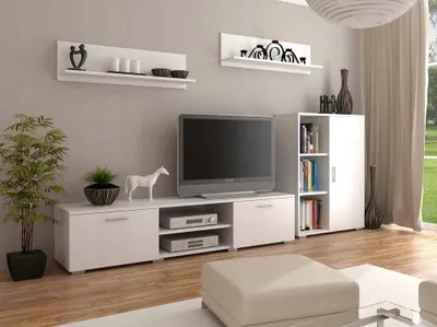 Produktbild von MATKAM Wohnwand Chopin 4-teilig aus HDF-Platte 18 mm, TV-Kommode, Kommode mit Tür, 2 x Hängeregal (Weiß)