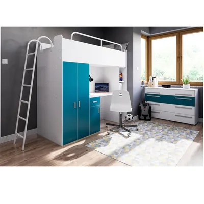 Produktbild von Marlux-Meble Hochbett Kinderbett JSM-4 80x190 mit Kleiderschrank Schreibtisch und Leiter Matt Kinderbetten Funktionsbett Etagenbett Stockbett Kinderhochbett Jugendhochbett (Türkis Matt)