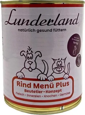 Produktbild von Lunderland Rind Menü Plus 800g mit Fleisch Innereien Knochen und Gemüse für Hunde und Katzen
