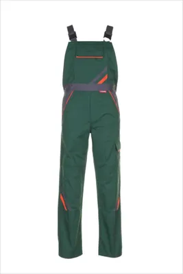 A pair of green and orange bib overalls is shown against a white background.