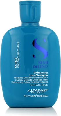 A blue bottle of Alfaparf Milano Semi Di Lino Curls Enhancing Low Shampoo.