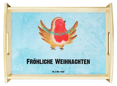 Produktbild von Mr. & Mrs. Panda Tablett Rotkehlchen Weihnachten - Eisblau - Geschenk, Sofa, Holztablett, Winter, Heiligabend, betttablett, Frohe, serviertablett holz, Weihnachtsgruß