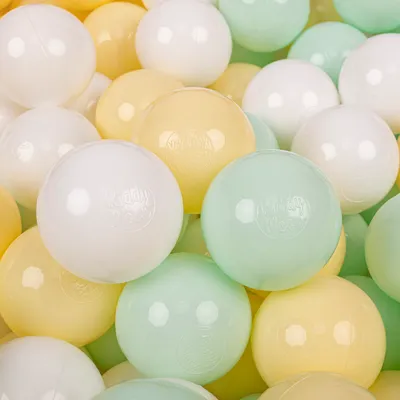 Obrázek produktu pro KiddyMoon 200 míčků/7cm-2,75in Měkké plastové míčky na hraní pro děti Barevné Certifikováno Vyrobeno v EU, pastelově žlutá/bílá/mintová