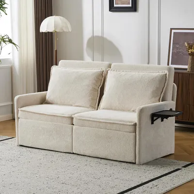 Produktbild von Schlafsofa mit Kissen und USB-Anschluss, 5-fach verstellbarer Rückenlehne, ausklappbares Schlafsofa mit Stauraum, Beige