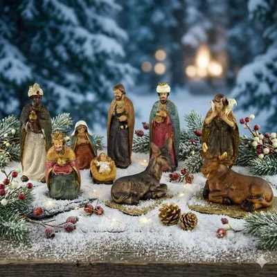 Produktbild von Krippenfiguren Set für Weihnachtskrippe, Polyresin, handbemalt. 11 Tlg. 7 cm.