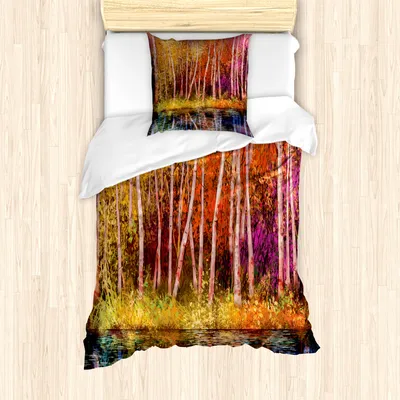 Produktbild von ABAKUHAUS Blume Mantele, Herbst-Bäume durch See, Milbensicher Allergiker geeignet mit Kissenbezügen, 135 cm x 200 cm - 80 x 80 cm, Grink Lila