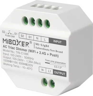 Produktbild von MiBoxer TRI-C1WR WIFI LED-Dimmer für 230 V Leuchten – Triac-Dimmer mit 2,4 GHz Funk und Tastersteuerung