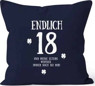 Produktbild von Kissenbezug Endlich 18 zum Geschenk zum 18. Geburtstag Kissen-Hülle Deko-Kissen 40x40 Baumwolle MoonWorks® navy unisize